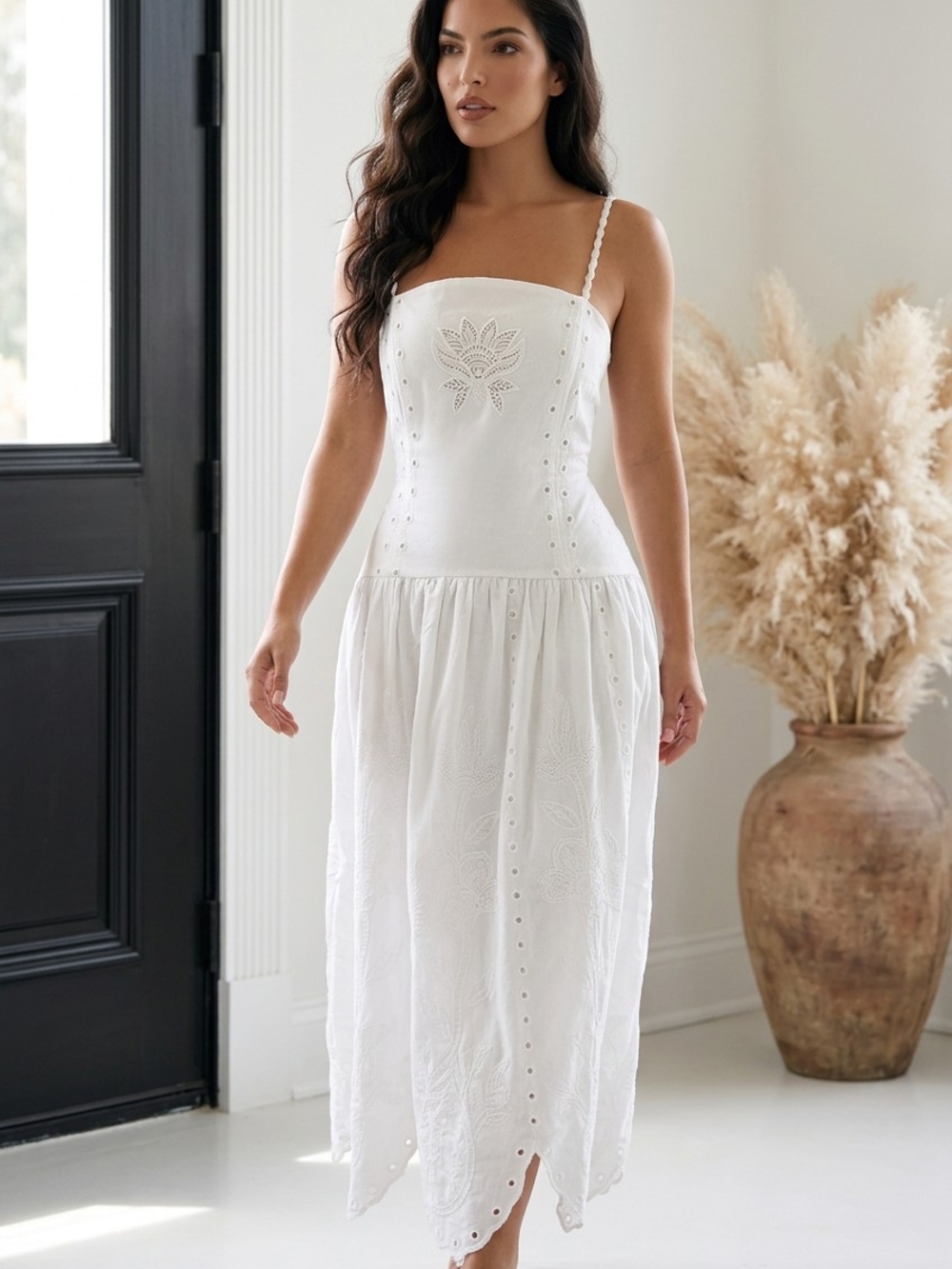 House of Harlow 1960 White Eyelet Midi Dress with Spaghetti Straps